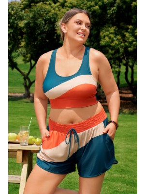 Teal Colorblock Plus-Size-Sportshorts mit elastischem Bund und Taschen im stylischen Design