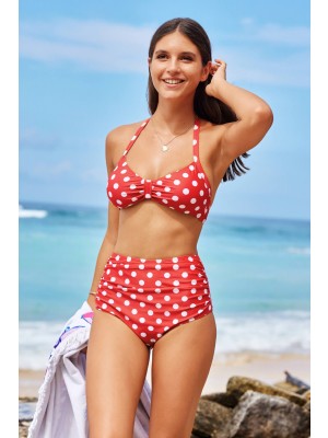 Rotes gepunktetes Bikini-Set mit Neckholder-Trägern