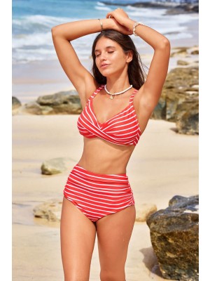 Rotes gestreiftes Bikini-Set mit Twist-Detail und überkreuzten Trägern