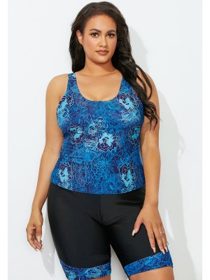 Blaugrünes Blumen-Tankini-Set mit U-Ausschnitt