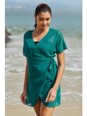 Grünes Strandkleid mit V-Ausschnitt, Wickelbändern und kurzen Ärmeln