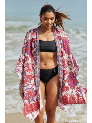 Rote Strickjacke mit geometrischen Mustern, Fledermausärmel, Boho-Stil, lockere Vertuschung