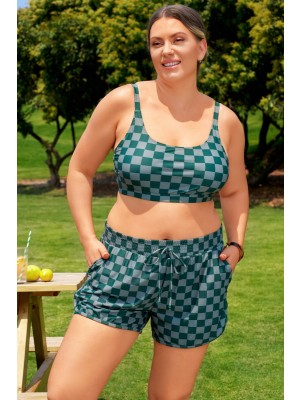 Grünes kariertes Plus-Size-Bikini-Oberteil mit verstellbaren Trägern und Boyshorts im schicken Design