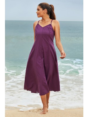 Einfarbiges, lilafarbenes, ärmelloses, lässiges, langes Strandkleid mit V-Ausschnitt und Spaghettiträgern