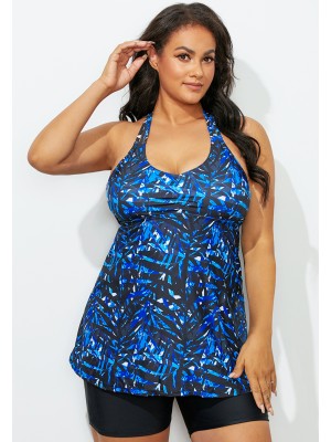 Blaues Tankini-Set mit Racerback und Blattdruck