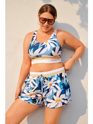 Blumen-Racerback Plus-Size-Bikini-Oberteil mit Boyshorts im charmanten Design