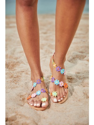 Flache Sandale mit offener Zehenpartie und farbenfrohen Blumen