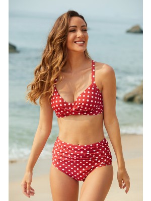 Rotes High Waist Polka Dot Bikini-Set mit Twist-Front