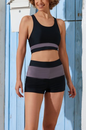 Schwarzes Colorblock-Bikinioberteil mit breiten Trägern und U-Ausschnitt mit Jungen-Shorts-Sets