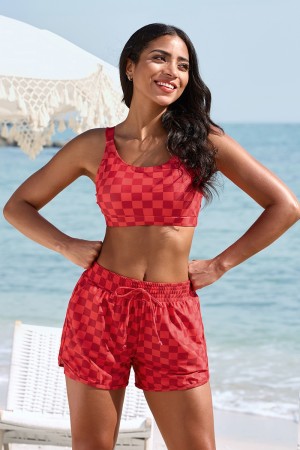 Rot Plaid U-Ausschnitt Verstellbare Träger Bikini-Set