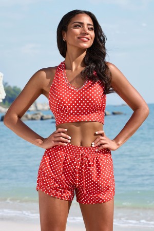 Rot Tupfen V-Ausschnitt Sportlich Bikini-Set