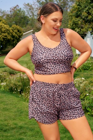 Leopardenmuster Plus-Size-Bikini-Oberteil mit hohem Bund und Boyshorts im Set