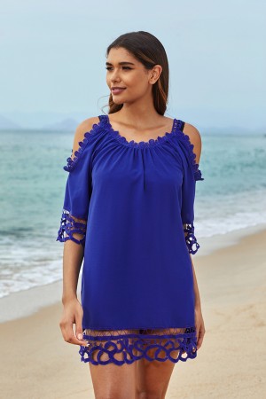 Blauer Schaufelhals von Schulterspitzenkante Strandkleid