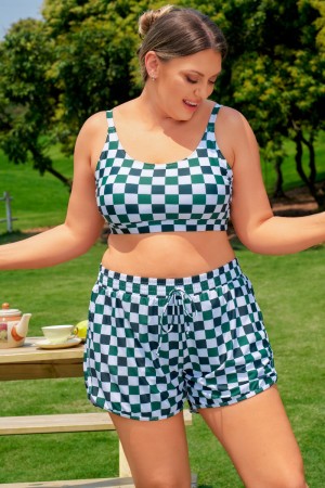 Grünes kariertes Plus-Size-Bikini-Oberteil mit hohem Bund und Boyshorts im sportlichen Design