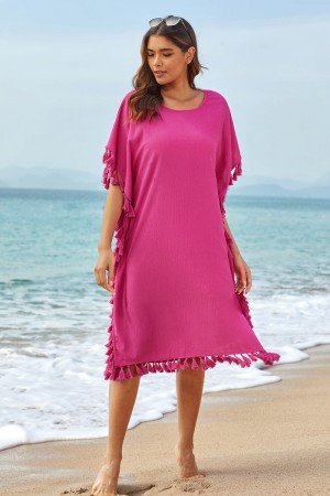 Solide rote Schaufel Hals Quaste Edge Batwing -Ärmel lose Strandkleid