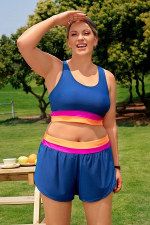 Blaues Colorblock-Layered Plus-Size-Sportshorts im stylischen Design