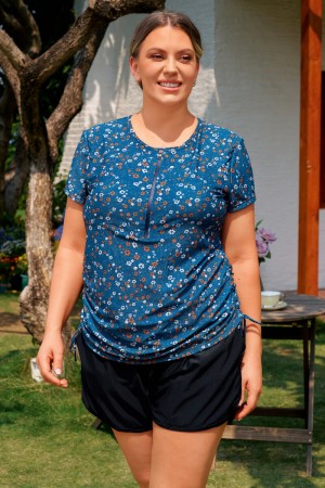 Blumen-Plus-Size-Tankini-Oberteil mit Ärmeln und Boyshorts im eleganten Design