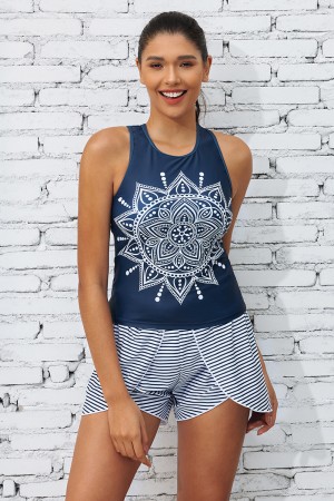 Set aus sportlichem Tankini-Oberteil und Shorts mit geometrischem Muster und U-Ausschnitt