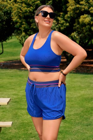 Königsblaues Racerback-Plus-Size-Bikini-Oberteil im sportlichen Stil mit Boyshorts im Set