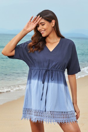 Blau gegen Nackenspitze Saum Drawschnreie Strandkleid mit Ärmeln