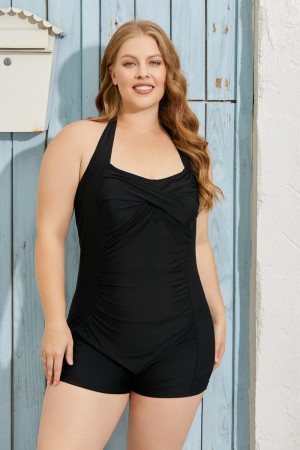 Einfarbiger, schwarzer Neckholder-Träger mit herzförmigem Ausschnitt, geraffter Bauchkontrolle, Boyleg, lässiger einteiliger Badeanzug