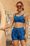 Deep Blue Floral Square Neck Wide Straps Sporty Bikini Top And HighWaist Boy Shorts