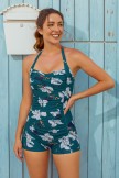 Green Floral Halter Strap Sweetheart Neck Ruching Tummy Control Casual OnePiece Swimsuit