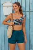 Coffee Floral Print One Shoulder Crop High Waist Bikini Top And Blue HighWaist Boy Shorts