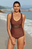 Red Brown Vneck Twist Front Mesh Patchwork OnePiece Swimsuit