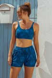 Deep Blue Floral Square Neck Wide Straps Sporty Bikini Top And HighWaist Boy Shorts