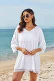 White VNeck Ties Elbow Sleeves Leisure Cover Up