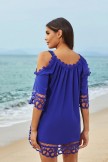 Blue Scoop Neck OffShoulder Lace Edge Beach Dress