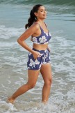 Purple Floral Square Neck Adjustable Straps Sporty Bikini Top And HighWaist Boy Shorts Set