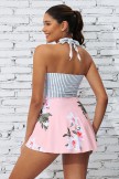 White &  Pink Colorblock Stripe Halter Straps Sweetheart Neck Casual Swimdress