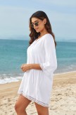 White VNeck Ties Elbow Sleeves Leisure Cover Up