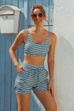 Green & White Stripes Square Neck Wide Straps Sporty Bikini Top And HighWaist Boy Shorts