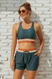 Teal Colorblock Square Neck Wide Straps Sporty Bikini Top And HighWaist Boy Shorts