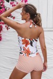 Striped & Floral Halter Strap Twisted Front Ruching Tummy Control Casual OnePiece Swimsuit