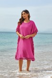 Solid Red Scoop Neck Tassel Edge Batwing Sleeve Loose Beach Dress