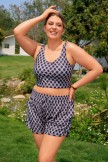 Black Checked Wide Straps Sporty Plus Size Bikini Top And Boy Short Set