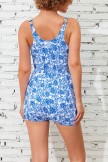 Sky Blue Floral Scoop Neck Wide Straps Button Belt OnePiece Swimsuit