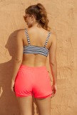 Stripes Square Neck Wide Straps Sporty Bikini Top And Red HighWaist Boy Shorts