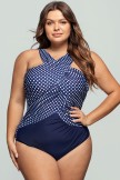 High Neck Blue And White Dot OnePiece Swimsuit