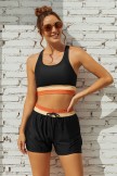 Black Colorblock Square Neck Wide Straps Sporty Bikini Top And HighWaist Boy Shorts