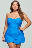 Solid Blue Bandeau Neck Skirted Swimdress