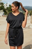Solid Black V Neck Lace Drawstring waistband Beach Dress