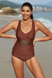 Red Brown Vneck Twist Front Mesh Patchwork OnePiece Swimsuit