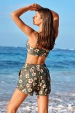 Olive Green Floral Vintage Garden Chic Bikini Top With Boy Short Set