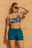 Coffee Floral Print One Shoulder Crop High Waist Bikini Top And Blue HighWaist Boy Shorts