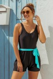 Solid Black Square Neck Wide Straps Belt OnePiece Swimsuit